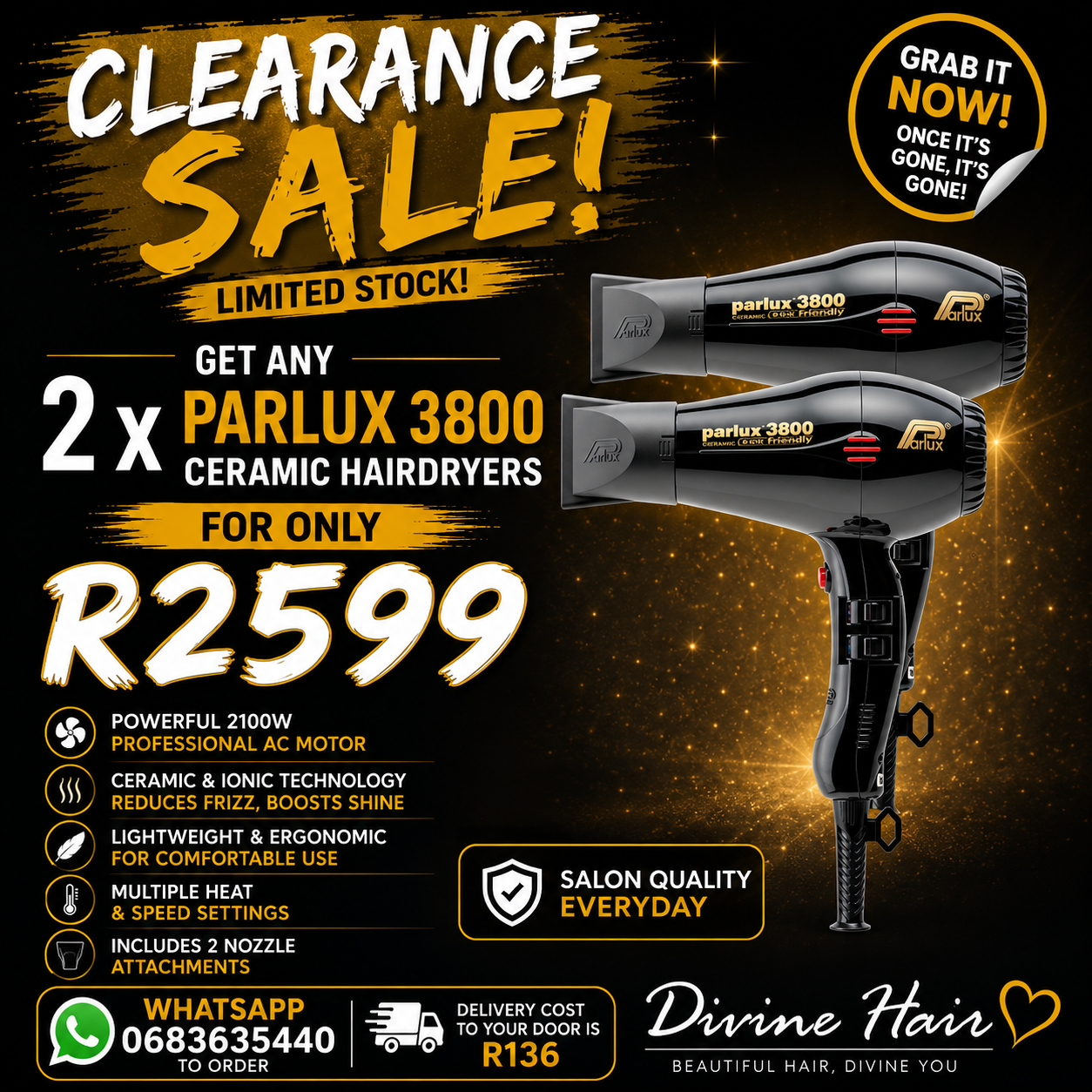 Pay day sale 2 x Parlux 3800 ceramic hairdryers