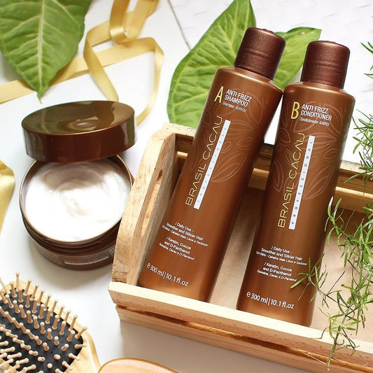 Brasil cacau shampoo, conditioner and anti frizz mask